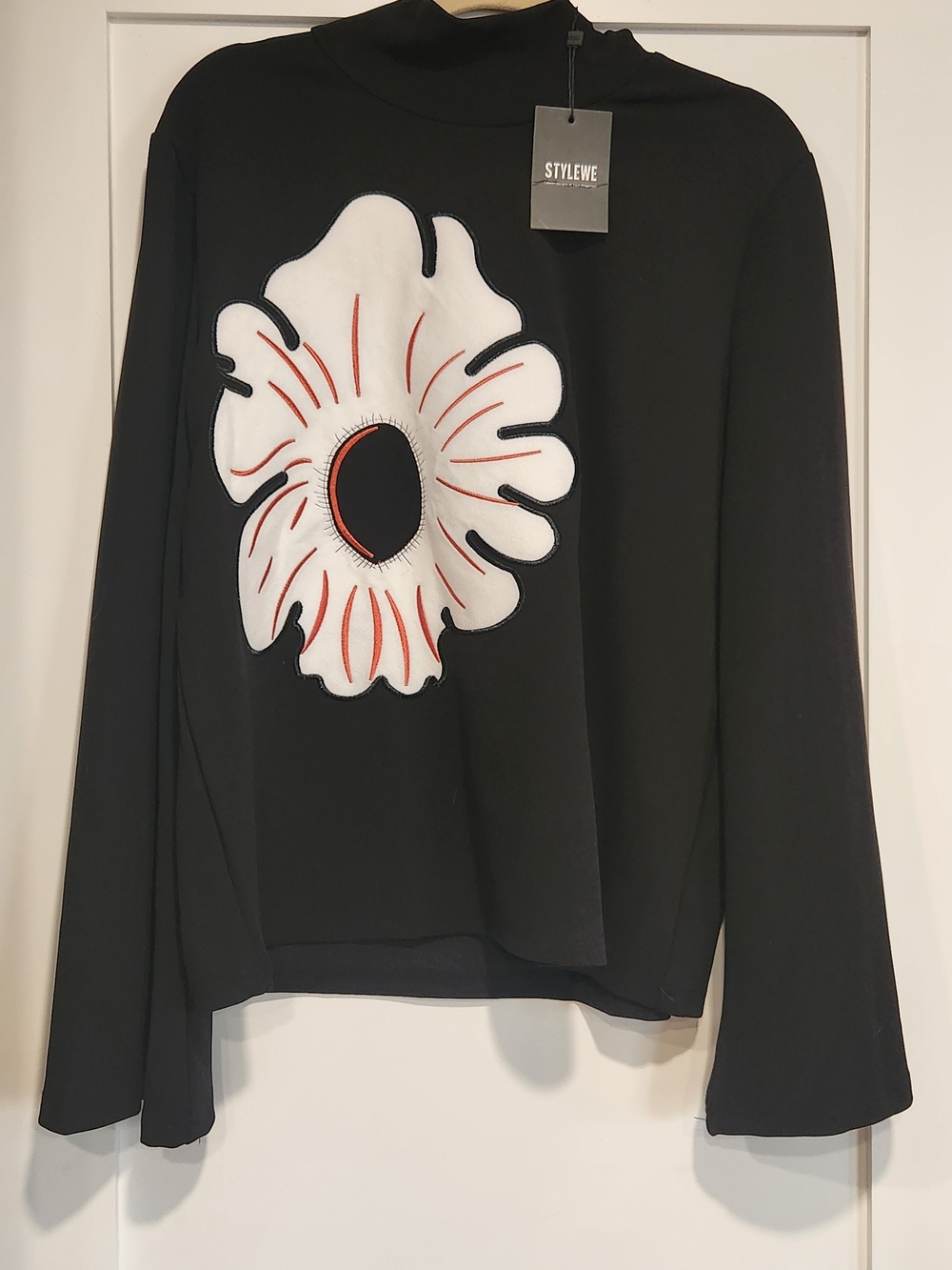STYLEWE Black Long Sleeve Mock Neck Top with White & Red Floral Applique